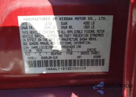 2003 Nissan Altima 2.5 S from USA, damaged, VIN 1N4AL11D13C150498